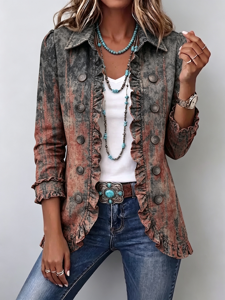 Virginie | Veste à volants en imprimé texturé dégradé vintage