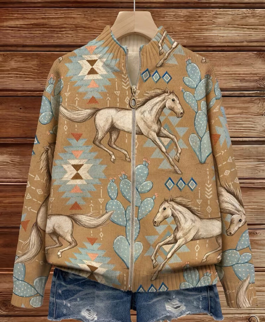 Laurence - Cardigan zippé avec chevaux du désert et cactus